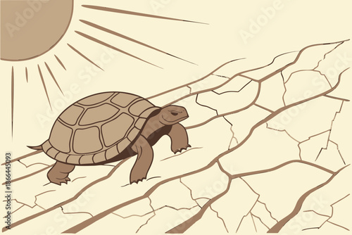A lone tortoise plods across cracked desert earth under the hot sun
