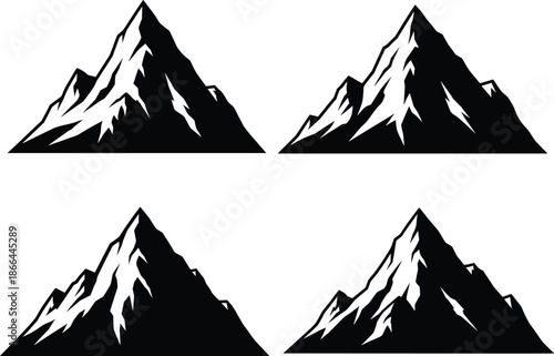 Mountain peak silhouette icon set with snowy alpine summits for nature, hiking and outdoor adventure flat vector illustration