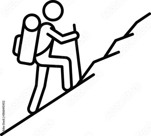 A minimalist stick figure illustration of a hiker ascending a steep mountain path