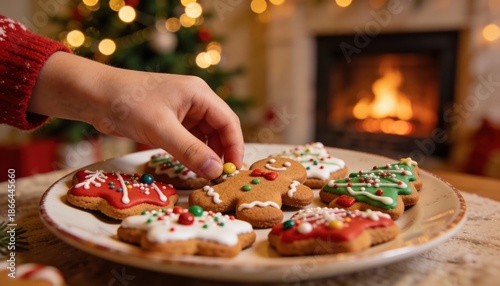 Child Hand Reaching for Gingerbread Cookies, Festive Christmas Background - Holiday Food Moments