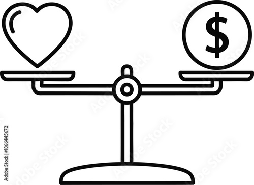 Weighing the importance of heart and money: a symbol of life's essential balance