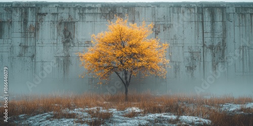 A vibrant yellow-leafed tree stands before a weathered concrete structure, shrouded in mist