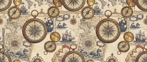 Vintage Nautical Seamless Pattern with Antique Maps and Compasses