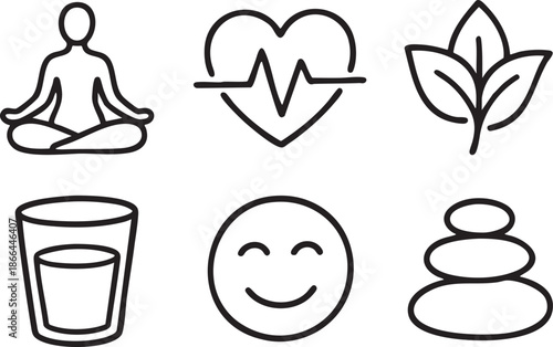 Six simple black line representing wellness and health concepts symbols meditation yoga