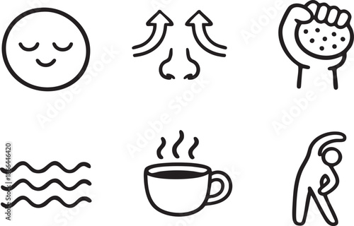Six simple black line depicting relaxation breathing waves coffee and exercise collection