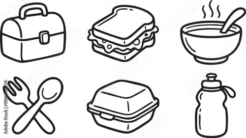 Black and white line of lunchbox sandwich soup bowl cutlery takeout container and water bottle