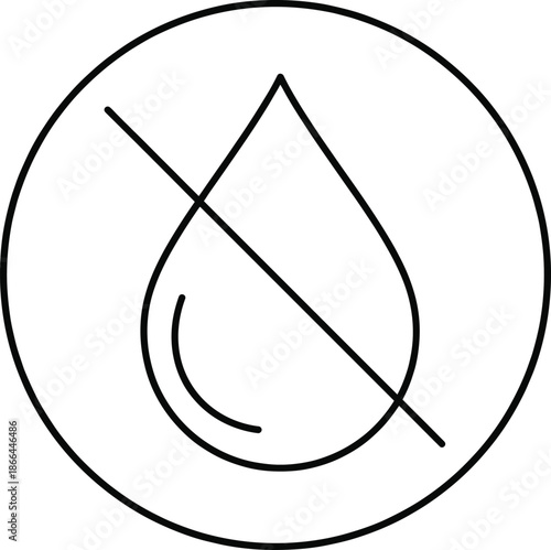 No water or waterproof restriction symbol with crossed droplet icon, liquid prohibition warning flat vector illustration