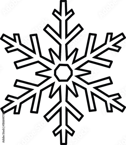 Minimalist black outline snowflake icon representing winter, cold weather, and festive holidays