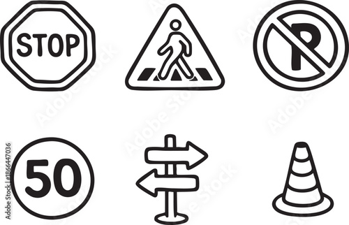 Collection of black and white traffic and road signs on white background stop symbol