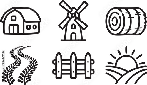 Collection of simple black line of farm including a barn windmill hay bale fence and sunrise over fields