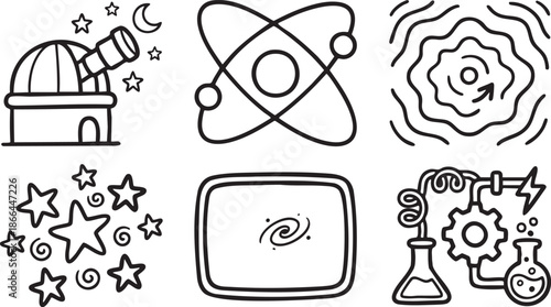 Hand drawn science and astronomy observatory atom galaxy experiment telescope stars