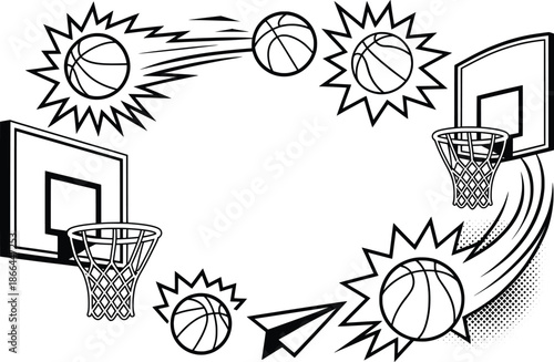 Basketball Shooting Hoops Motion Line Art Illustration.
