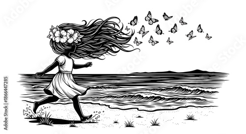 Joyful Girl Running on Beach with Butterflies for Mental Health Personal Growth and Freedom