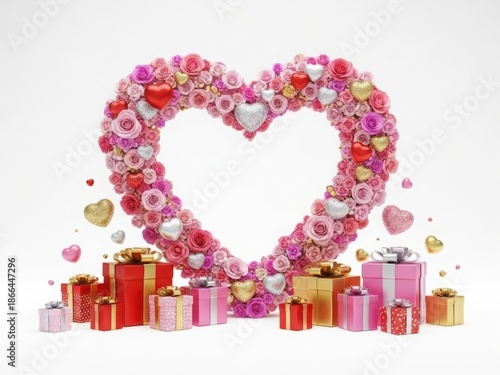 Heart-shaped flower arrangement with gifts