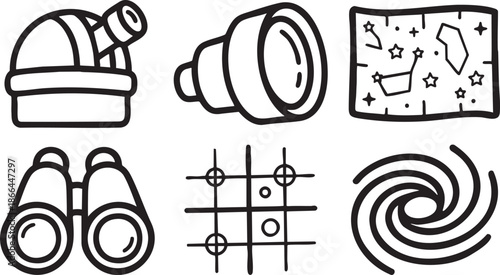 Set of six black and white depicting astronomy and games telescope observatory binoculars stars