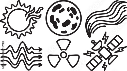 Set of six black line depicting celestial bodies energy and technology moon waves arrows