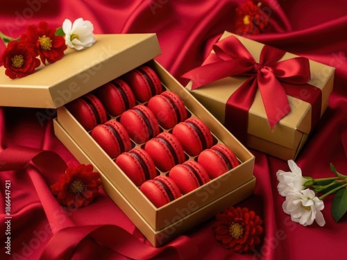 Elegant box of red macarons with flowers