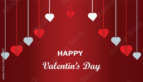 Happy Valentines Day Greeting Card with Hanging Hearts heart love romance valentine red white.  Resizable and Editable, EPS 10.	