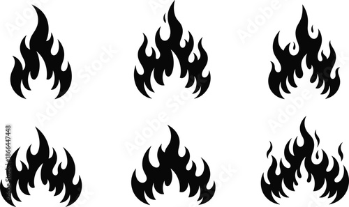 Black flame fire icon set with multiple shapes, heat danger and burning symbol collection flat vector illustration