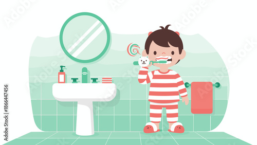 Adorable Young Boy Engaged in Daily Dental Hygiene Routine, Brushing Teeth with a Whimsical Toothbrush in a Tiled Bathroom