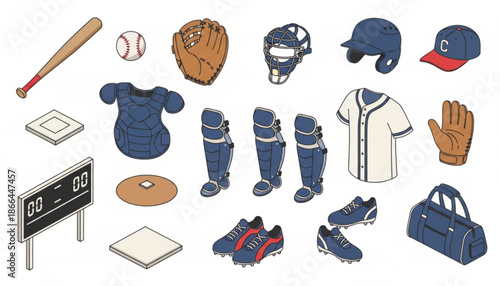 Baseball equipment and accessories collection illustration.