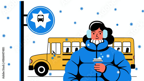 Winter bus stop illustration with a person holding a hot drink and snow falling around a school bus
