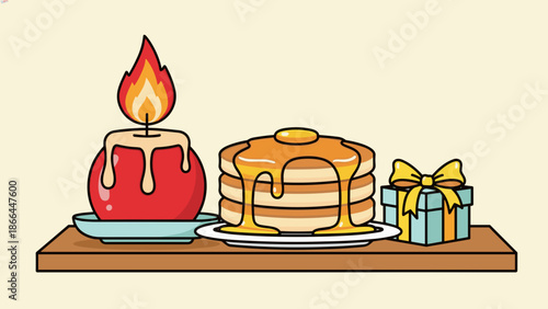 A delicious breakfast feast featuring golden pancakes drizzled with syrup and a beautifully lit candle next to a gift box