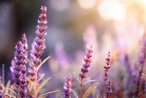 Close-up of lavender stalks bathed in sunlight against a soft, out-of-focus background