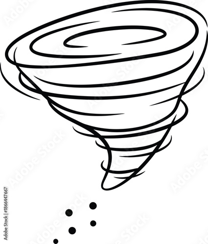 A swirling black line art illustration depicting a powerful natural phenomenon of a tornado