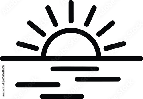 Minimalist outline icon of a sunrise or sunset over a calm water horizon