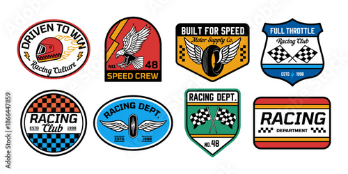 Racing badge vector set with motorsport logos, speed crew emblems, checkered flags, helmets, wings, and retro typography. Perfect for apparel, stickers, branding, and prints.
