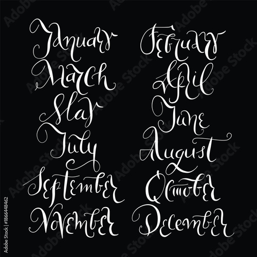 Vector handwritten month lettering in cursive ink style, vector calligraphy elegant illustrations perfect for planners and calendars. Year on the black background