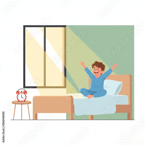 Child Waking Up in the Morning Flat Vector Illustration