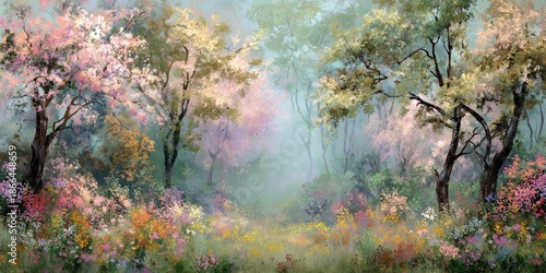 A dreamy landscape depicts a vibrant forest scene, blooming flowers, soft colors, and trees