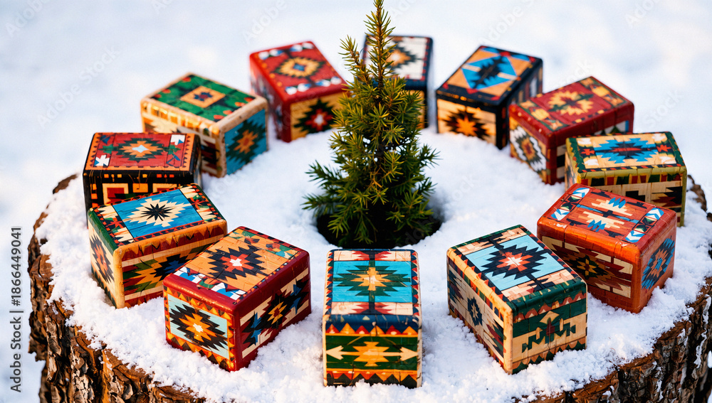 Fototapeta premium Colorful Gift Boxes Surrounding Small Christmas Tree on Snowy Log