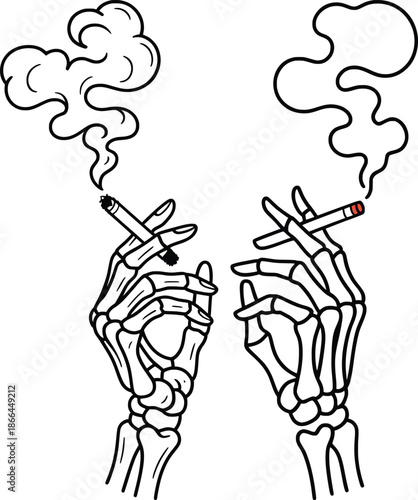 Skeleton Hand Smoking Cigarette Line Art Illustration.