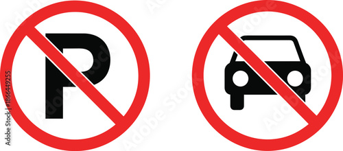 No parking and no car prohibition sign icons for traffic restriction, road regulation and transportation safety flat vector illustration
