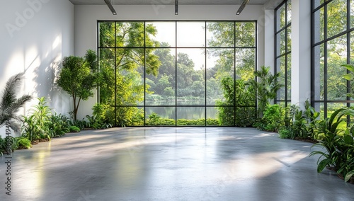 Minimalist room, concrete floor, vast windows showcasing a vibrant green forest, filled with various indoor plants