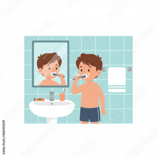 Child Brushing Teeth Daily Hygiene Flat Vector Illustration