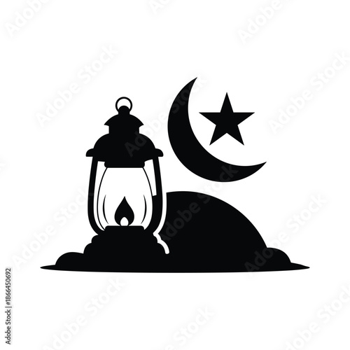 Lantern under moon and star isolated on white background, Vector, illustration