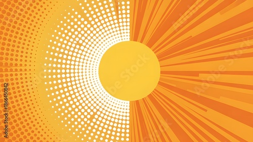 Vibrant abstract sun illustration with radial halftone dots and radiating lines on an orange and yellow background creating an energetic and modern graphic desi
