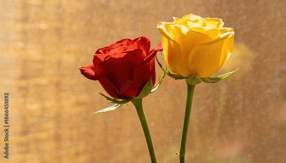Fototapeta premium Red and Yellow Roses Centered, Blooming Floral Plants in Nature - Vibrant Garden Scene