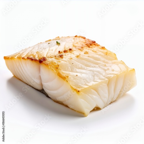 Isolated cooked white fish fillet with grill marks presented on a white backdrop
