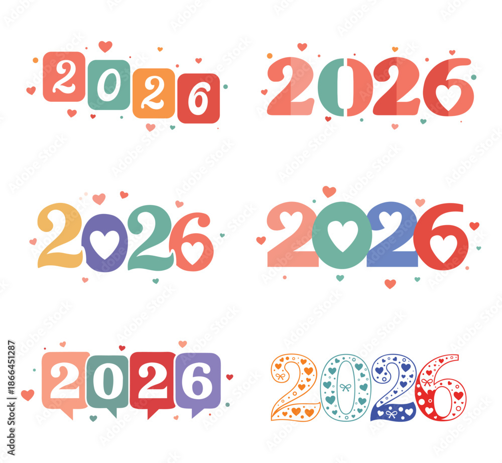 Fototapeta premium 2026 Cute Valentine Typography Set With Hearts Colorful Retro Numbers Love Illustration