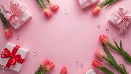Gift Boxes and Flowers on Pink Background for Special Occasions and Events