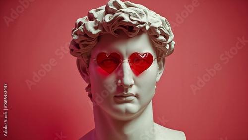 Statue Wearing Heart-Shaped Glasses With Red Background in Modern Art Style