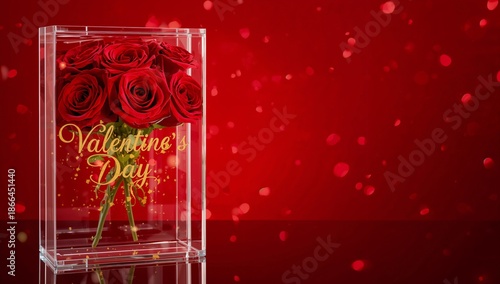 Red Roses in a Clear Box for Valentines Day on a Red Background With Decorations