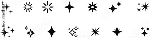 Sparkles, stars and bursts icons, twinkling stars.Vector set of different black sparkles icons on transparent background.
