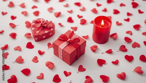 Red Gift Box and Candle With Heart Shapes on a White Surface During a Celebra...