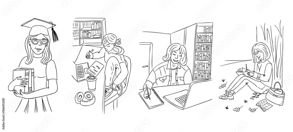 Fototapeta premium Studying girls doodle set with female students reading, writing and working on laptop in hand drawn line art style isolated on white background. The illustration represents education, learning process